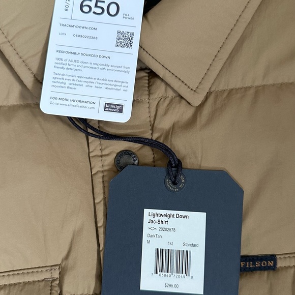 Filson Lightweight Down Jac-Shirt Dark Tan Medium BNWT - Picture 6 of 6